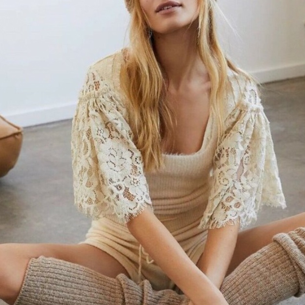 New Free People Intimately She Fancy XS 0/2 Off White Lace Ribbed Boho Bodysuit